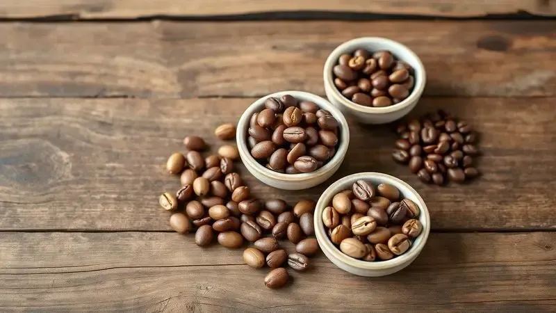 Render 3D artístico mostrando diferentes variedades de grãos de café arranjados em tigelas sobre madeira rústica.