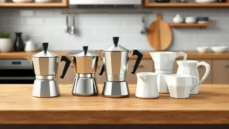 Ilustração conceitual de diferentes tipos e materiais de cafeteiras italianas dispostas em mesa de madeira