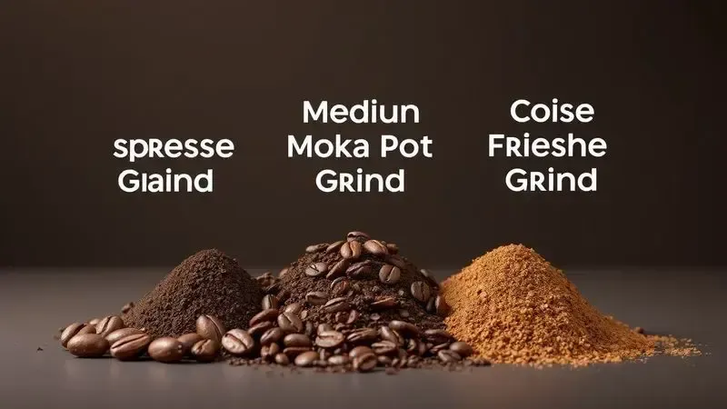 Ilustração comparativa mostrando três tipos de moagem de café: fina para espresso, média para cafeteira italiana e grossa para prensa francesa