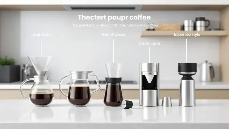 Métodos diferentes de preparação de café para dispositivos portáteis ilustrados conceitualmente