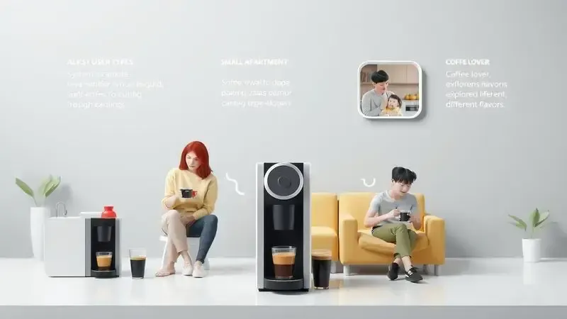 Cena ilustrativa mostrando diferentes perfis de usuários que aproveitam cafeteiras de cápsulas no dia a dia