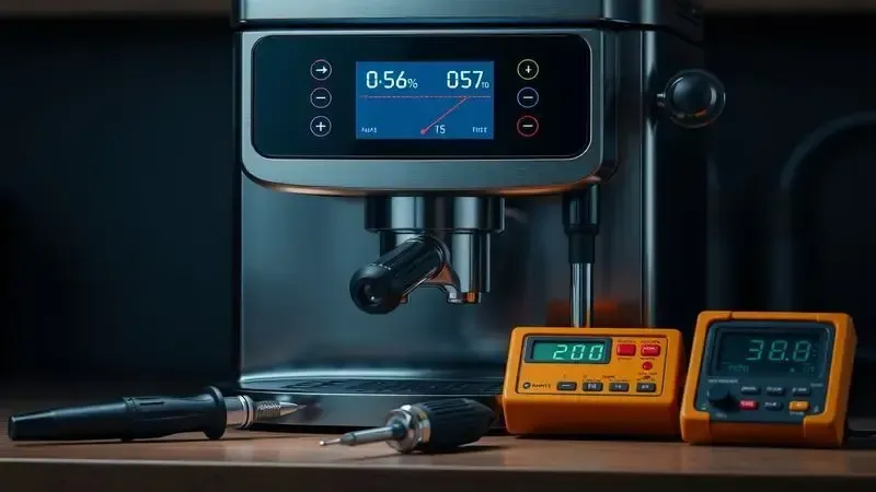 Painel de controle de máquina de café com luzes de erro e ferramentas para solução de problemas