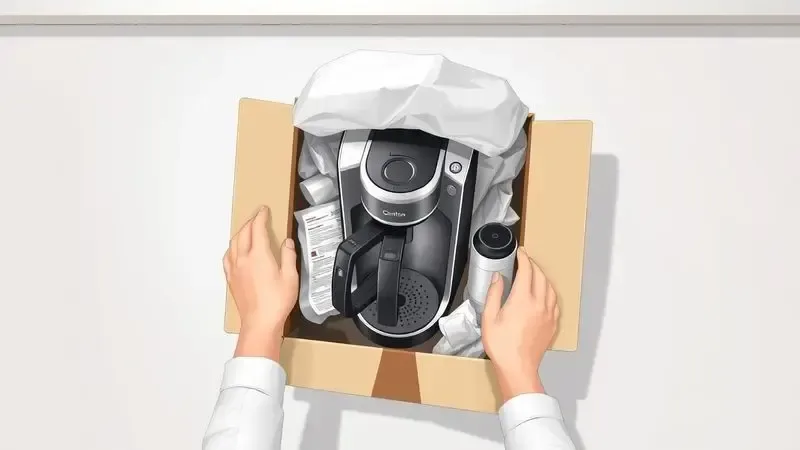 Ilustração conceitual do processo de unboxing de uma cafeteira programável, mostrando mãos retirando o produto da embalagem.