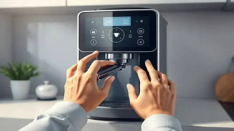 Ilustração conceitual da usabilidade diária da cafeteira com mãos interagindo com os controles