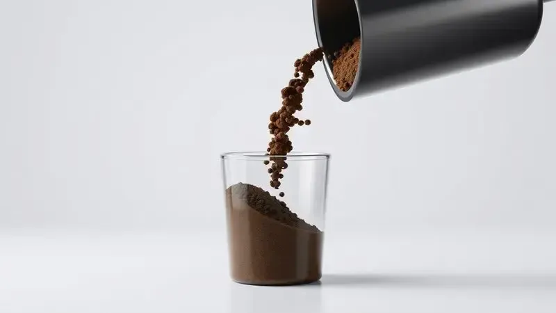 Render artístico 3D mostrando conceito de reencher cápsula com café moído e símbolo de atenção