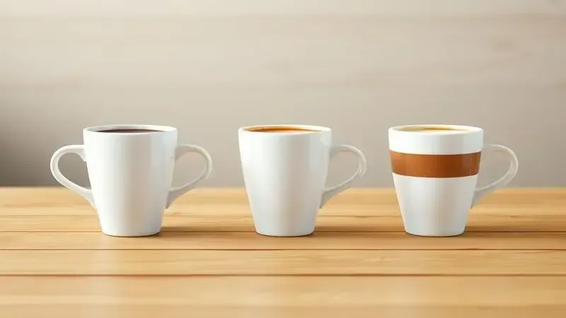 Render 3D artístico de uma sequência conceitual de xícaras de café expresso, cappuccino e lungo, ilustrando variedade.