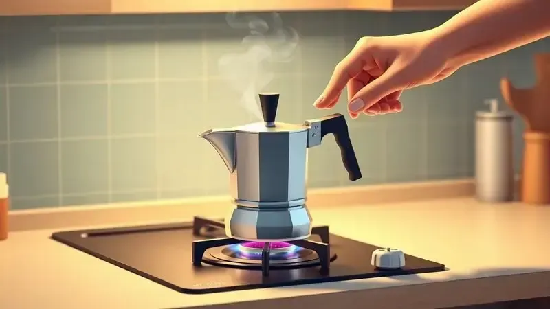 Ilustração digital mostrando a ação correta de colocar a cafeteira italiana no fogão para preparar o café.
