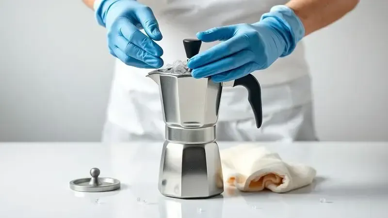 Ilustração conceitual da limpeza e desmontagem de uma cafeteira italiana, enfatizando os cuidados de manutenção.