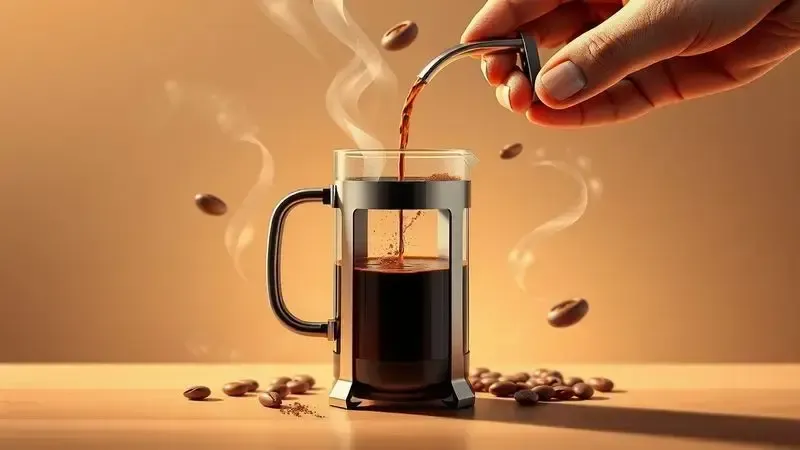 Ilustração conceitual do uso da prensa francesa para preparar café com aromas ricos.
