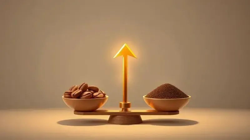 Ilustração conceitual de uma balança comparando grãos de café frescos com café moído, simbolizando valor.