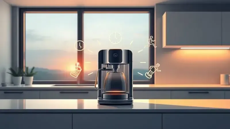 Cena ilustrativa conceitual mostrando a praticidade e automação de usar uma cafeteira elétrica na rotina matinal.