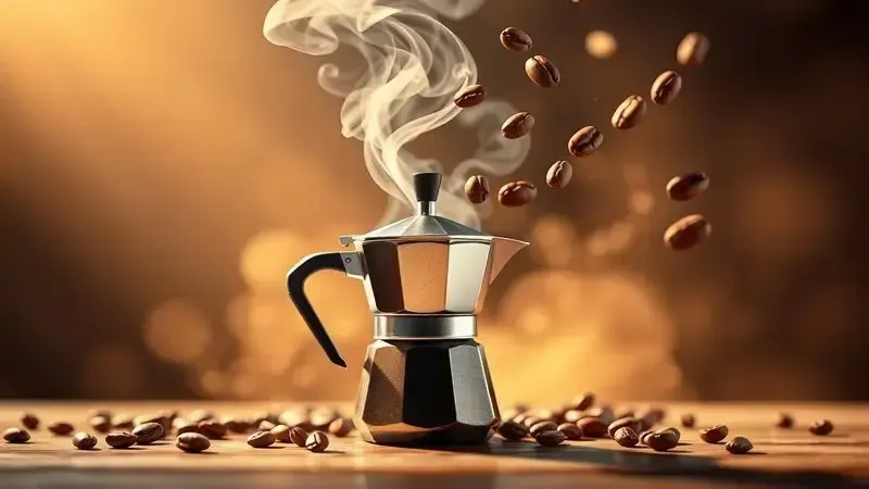 Cena artística conceitual representando as vantagens do café feito na cafeteira italiana com vapor aromático e grãos flutuantes.