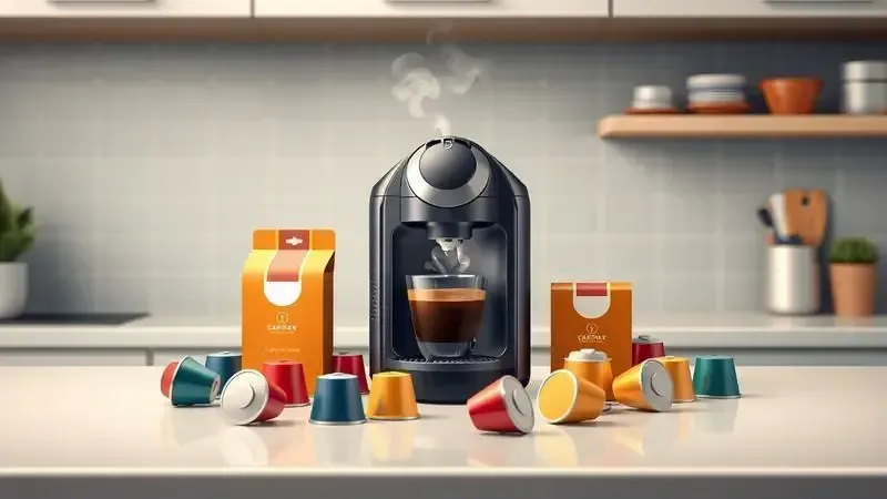 Ilustração realista de preparo de café com cápsulas em cozinha moderna, mostrando variedade de bebidas e vapor subindo da xícara