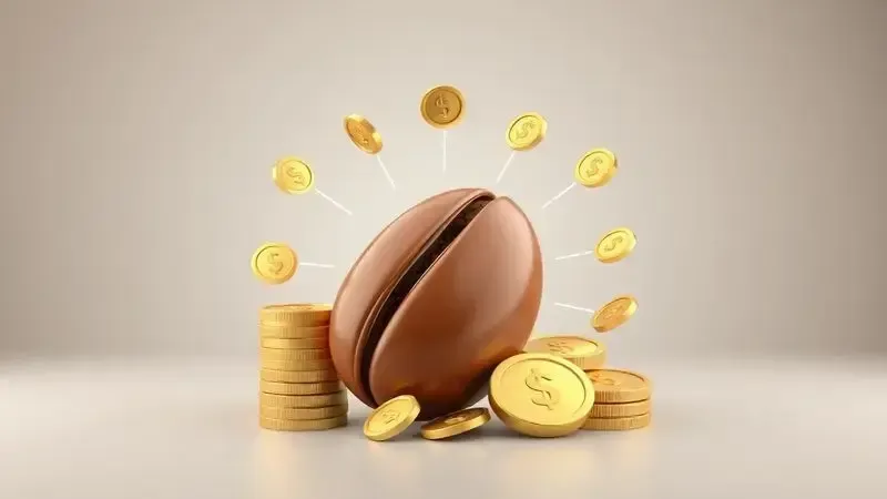 Ilustração conceitual de um grão de café gerando economias, representando o custo-benefício das cápsulas compatíveis.