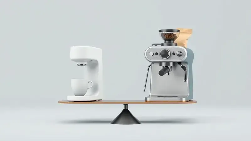 Ilustração conceitual de uma balança comparando a simplicidade do sistema de cápsulas com o processo tradicional de espresso.