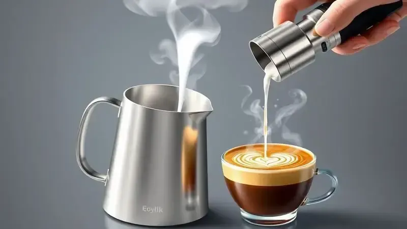 Processo de vaporização do leite e criação de latte art para cafés com espuma cremosa e microfoam.