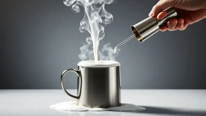 Ilustração artística do processo de vaporização de leite criando microespuma cremosa para bebidas com café.