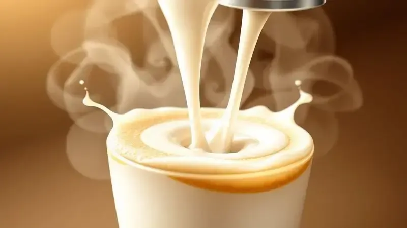Ilustração digital realista do processo de vaporização de leite para espuma cremosa em café espresso.