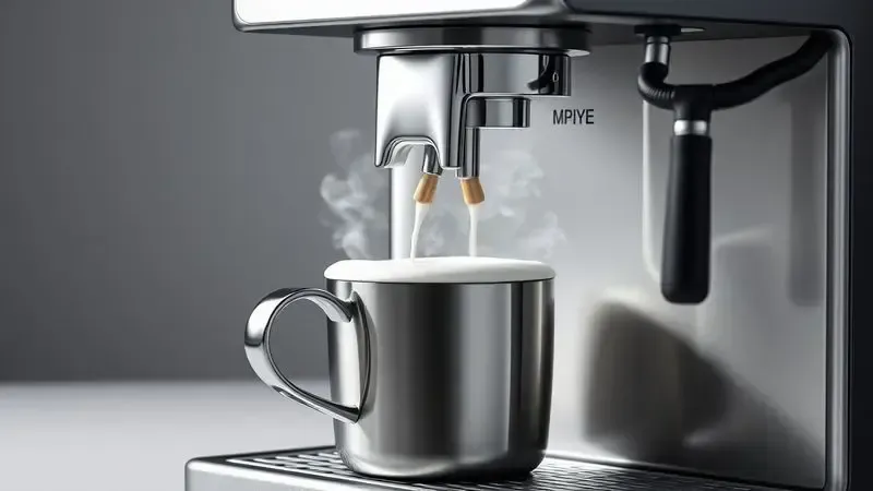 Vaporizador de leite criando microespuma perfeita em jarra de aço inoxidável com cafeteira espresso.