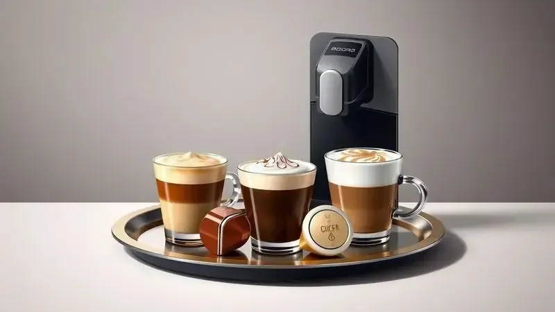 Ilustração digital de variedade de bebidas possíveis com cafeteira de cápsulas: espresso, cappuccino e chocolate