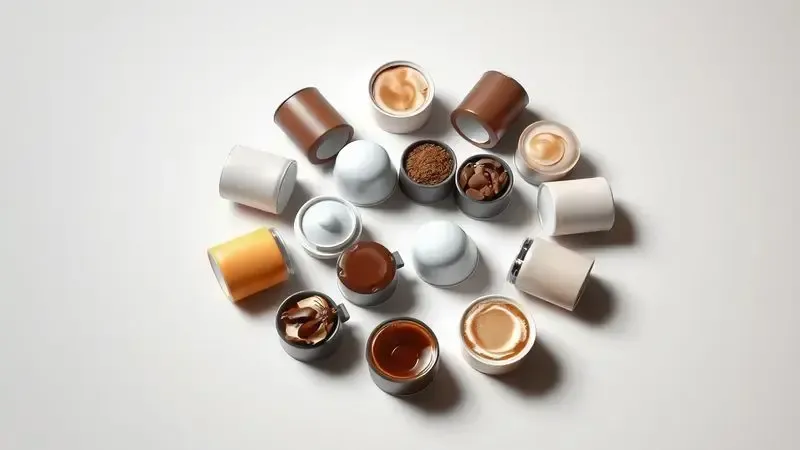Composição artística de diversas cápsulas de café representando variedade de bebidas como expresso, cappuccino e latte.