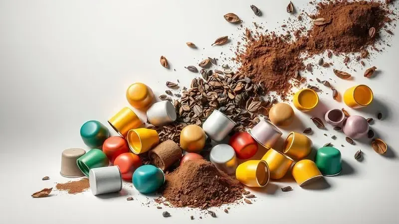 Composição artística conceitual mostrando variedade de bebidas como cápsulas de café, folhas de chá e pó de chocolate