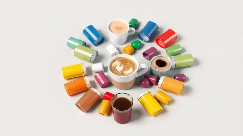 Ilustração conceitual de variedade de cápsulas de café e bebidas como espresso e cappuccino.