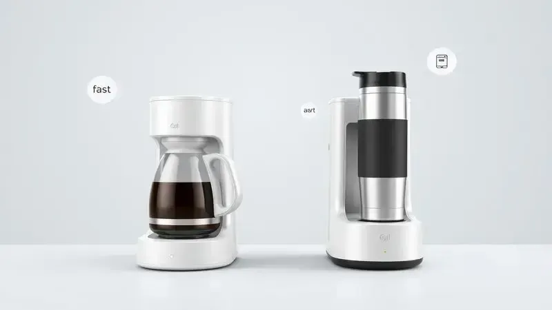 Ilustração conceitual split-screen da versatilidade 2 em 1 de uma cafeteira, mostrando opções com jarra e copo térmico.