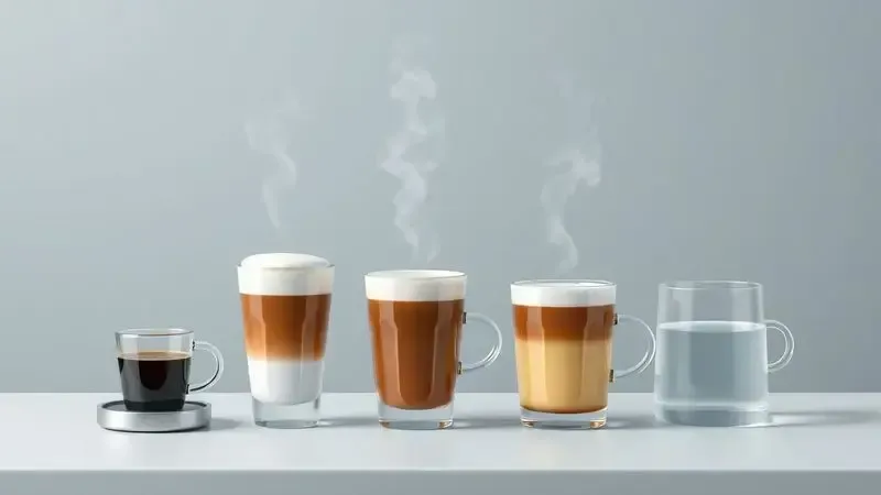Ilustração conceitual de estação de café mostrando quatro tipos de bebidas diferentes preparadas.