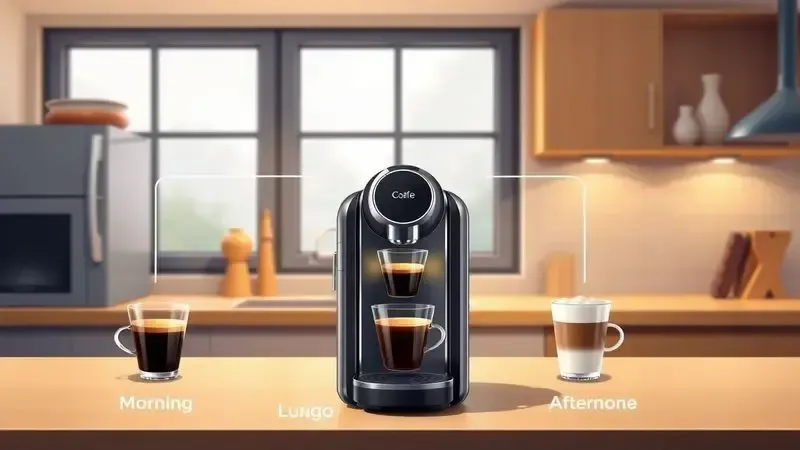 Ilustração conceitual de máquina de café versátil sendo usada em diferentes momentos do dia.