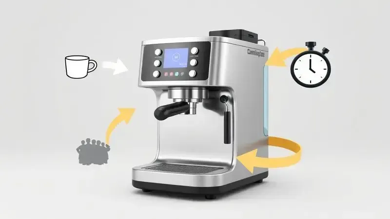 Ilustração conceitual da versatilidade de uma cafeteira industrial, mostrando uso para café, grandes volumes e rapidez.
