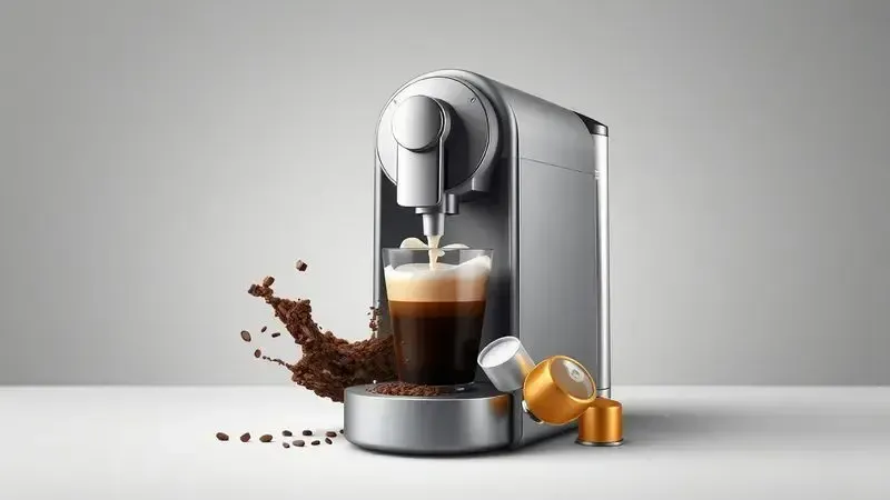 Ilustração conceitual da versatilidade da máquina PrimaLatte que faz café com pó, cápsulas e espuma de leite automática