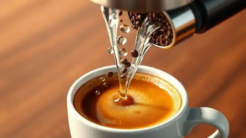 Visão ampliada conceitual da extração do café, mostrando os grãos, água e crema dourada no espresso.