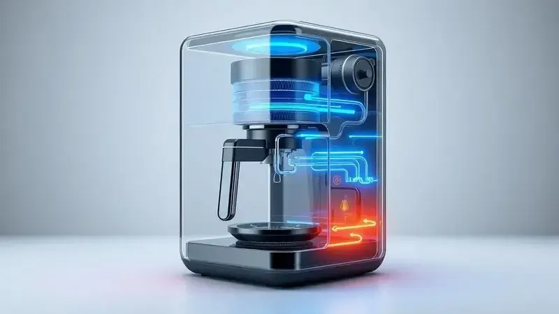 Render 3D artístico mostrando uma visão em corte de uma máquina de café, com componentes internos e fluxos de energia conceituais.
