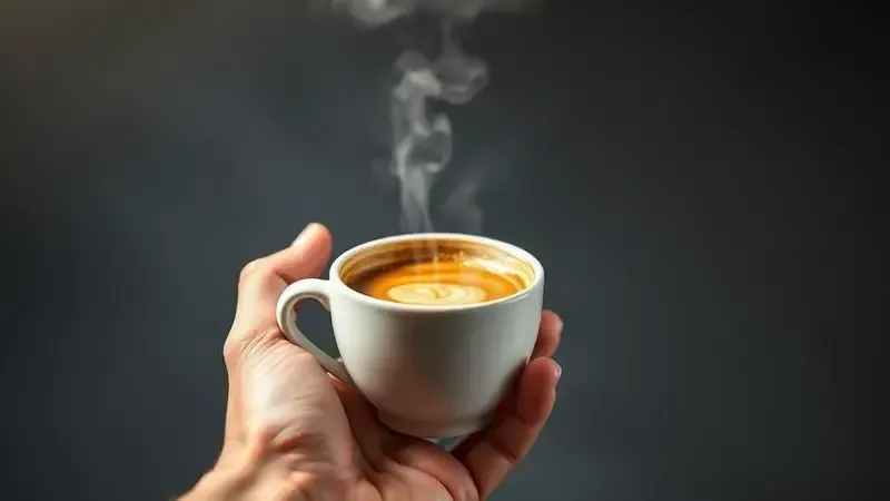 Mão segurando xícara de café espresso com crema perfeita em fundo desfocado elegante.