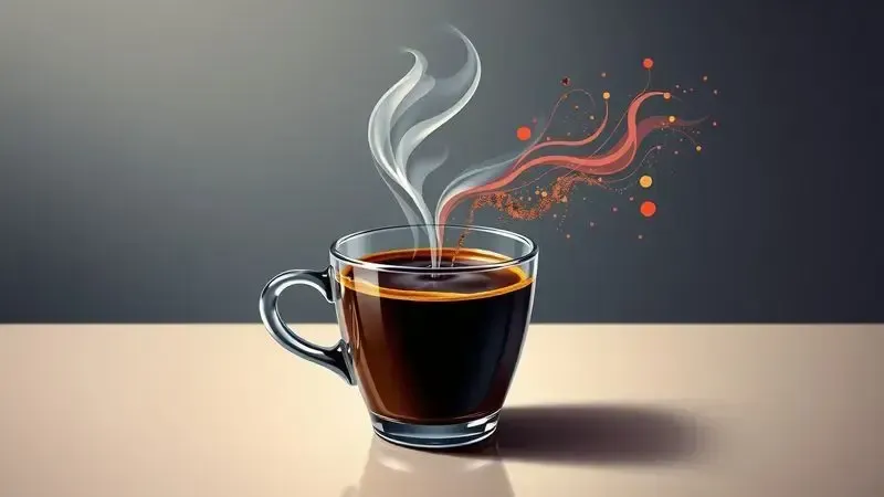 Ilustração digital realista de xícara de espresso com crema e vapor aromático, elementos sensoriais abstratos de sabor e aroma.